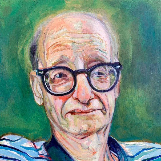 Portrait of a man named Greg, painted in oil on a 10x10 inch panel in 2024. The painting features Greg with a serene expression, set against a green background. 